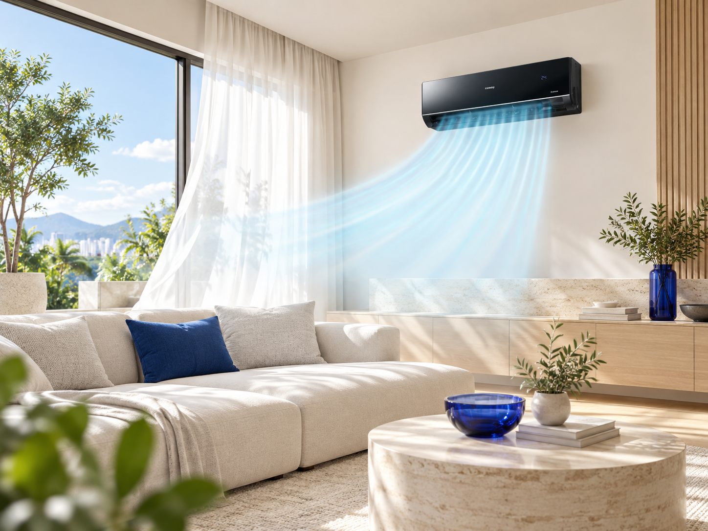 Coway P-Series air conditioner cooling a living room
