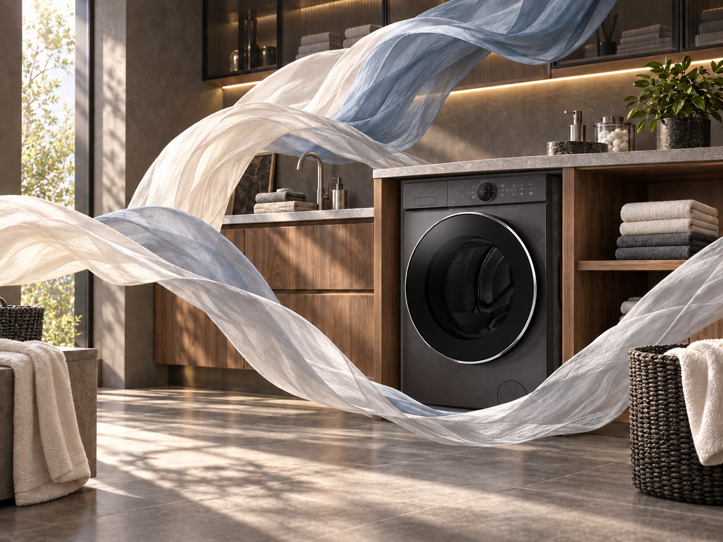 Graphite Coway washer dryer integrated into walnut laundry cabinetry