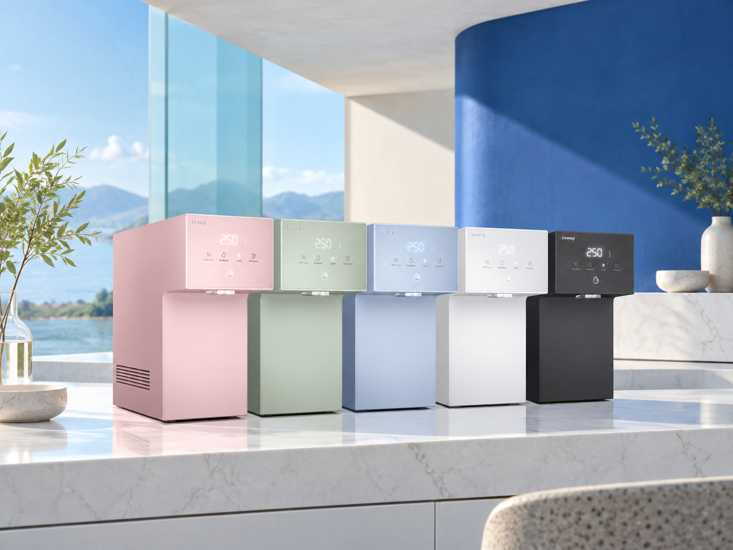 Five Coway Dazzie water purifiers in a sunlit kitchen